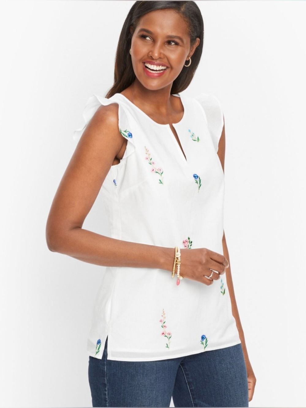 NWT Talbots Split Neck Cotton Top PM Wildflower Embroidery